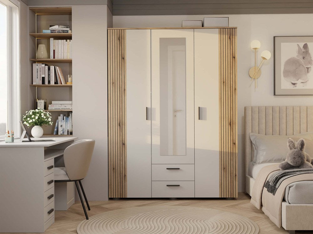 KLEIDERSCHRANK AVA 150 CM SPIEGEL 2 SCHUBLADEN GERILLTE FRONT EICHE EVOKE KASCHMIR BEIGE – Produktabbildung 2