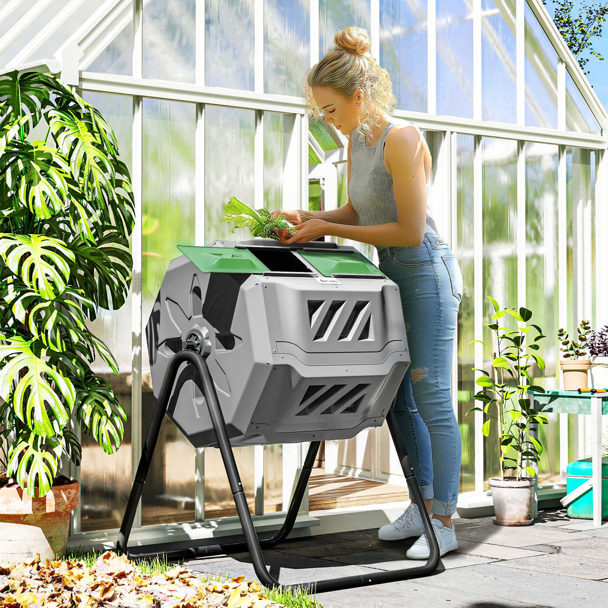 Compostbak met 2 compartimenten, 160 L inhoud, draaibaar, 71 cm x 65 cm x 96 cm, grijs + groen + zwart (2)