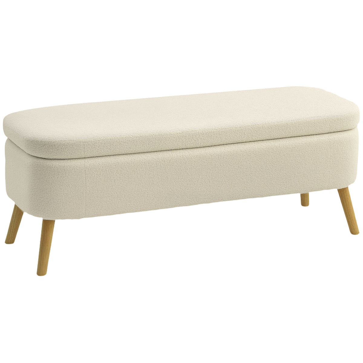 Opbergbank, zitbank met 65 L opslagruimte, teddyfleece-stof, rubberhout, 120 x 42 x 45 cm, beige