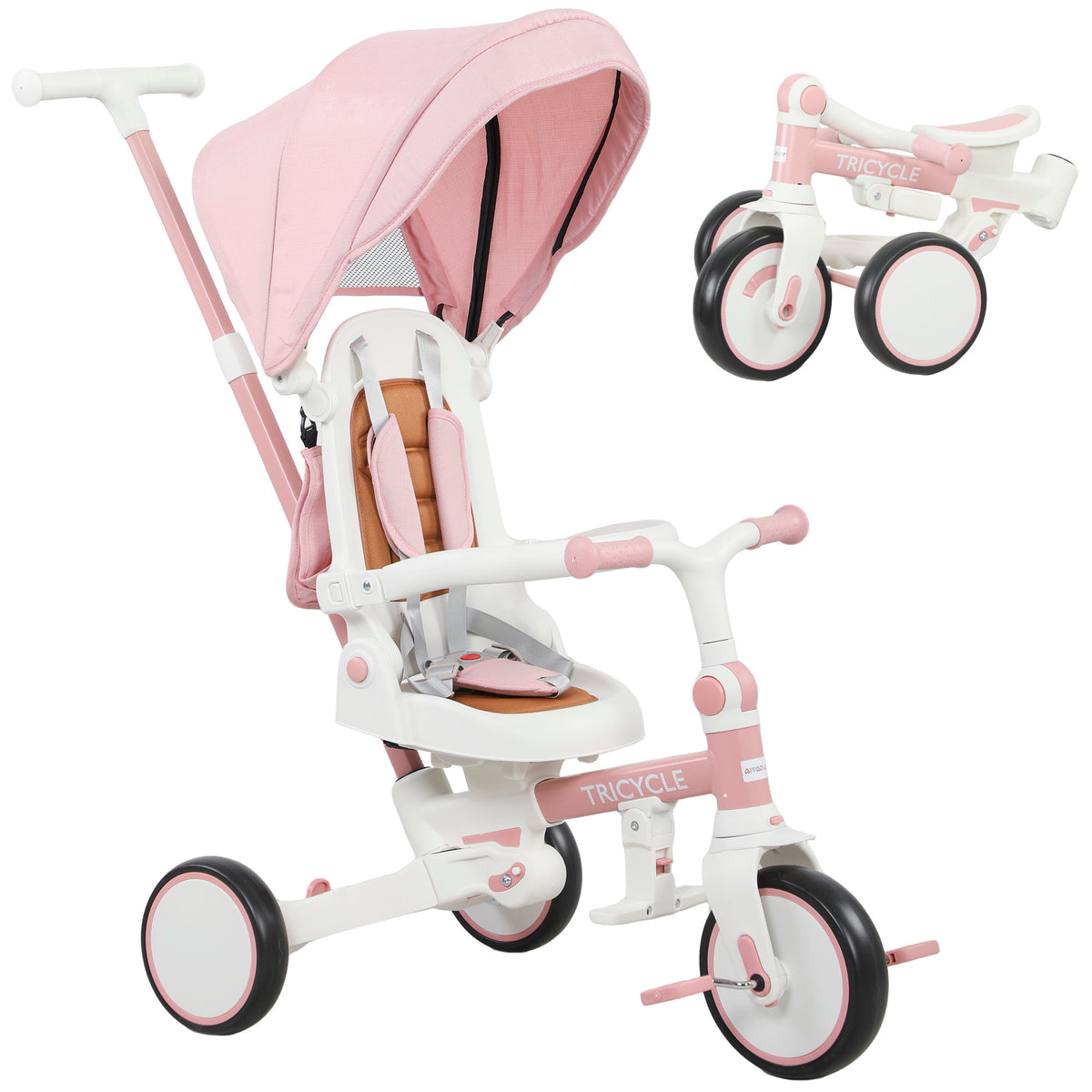 Kinderdriewieler, converteerbare kinderwagen, 5-in-1 ontwerp, afneembare duwstang, verstelbaar