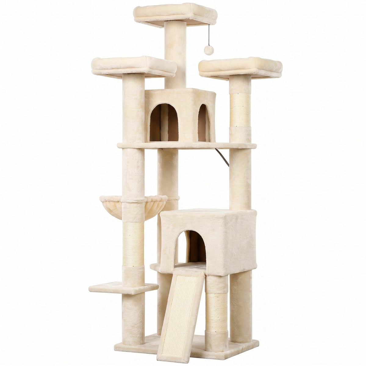 Grote krabpaal 184 cm hoog, kattenboom met 3 krabstammen, ligplateaus, speelbal, hangmat en ladder, voor katten