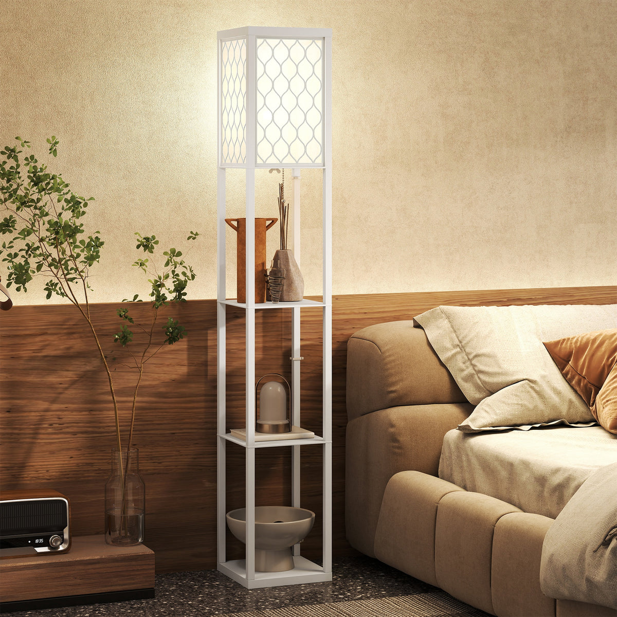 Vloerlamp met rek, 3 vakken, compacte afmetingen, MDF, wit (2)