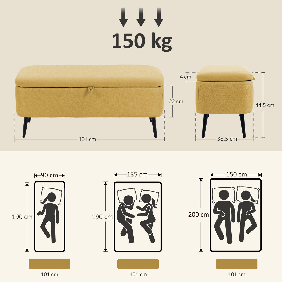 Zitbank, opbergbank, gestoffeerde bank, linnenlook, tot 150kg, 101x38,5x44,5 cm, geel (3)