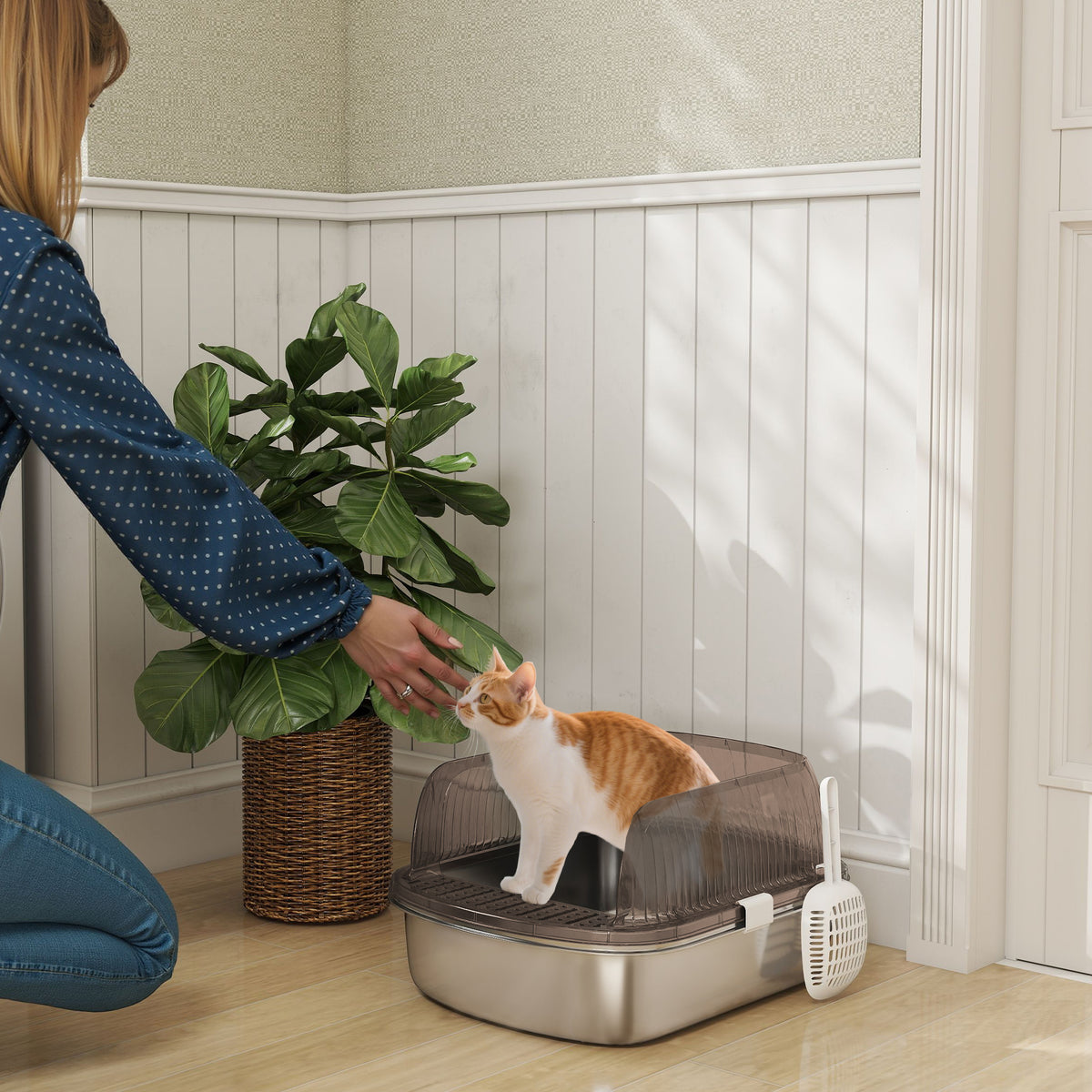 Roestvrijstalen kattenbak, kattenbak met hoge rand, bak, inclusief schep, voor grote katten, 53x42x27cm (2)