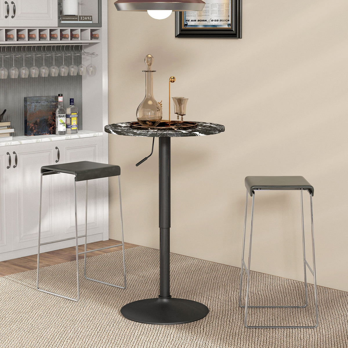 Bartafel voor 2 personen, in hoogte verstelbaar, marmerlook, 60 x 60 x 68-93,5 cm, zwart (2)