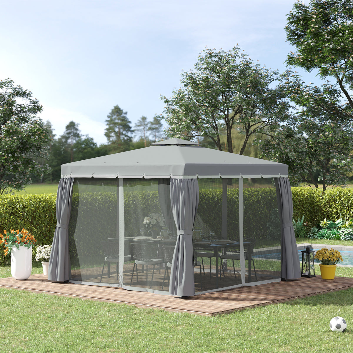 Tuinpaviljoen paviljoen 2,96 x 2,96 m tuintent met dubbel dak feesttent partytent met 4 x zijwanden klamboe (2)