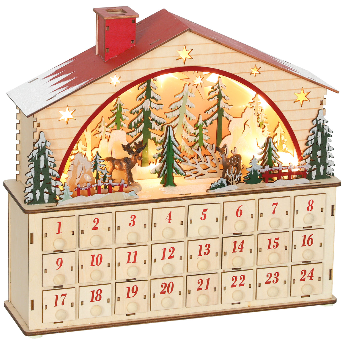 Adventskalender om zelf te vullen, 24 lades, kerstkalender met ledverlichting, natuurlijk hout, 36 x 10 x 34 cm