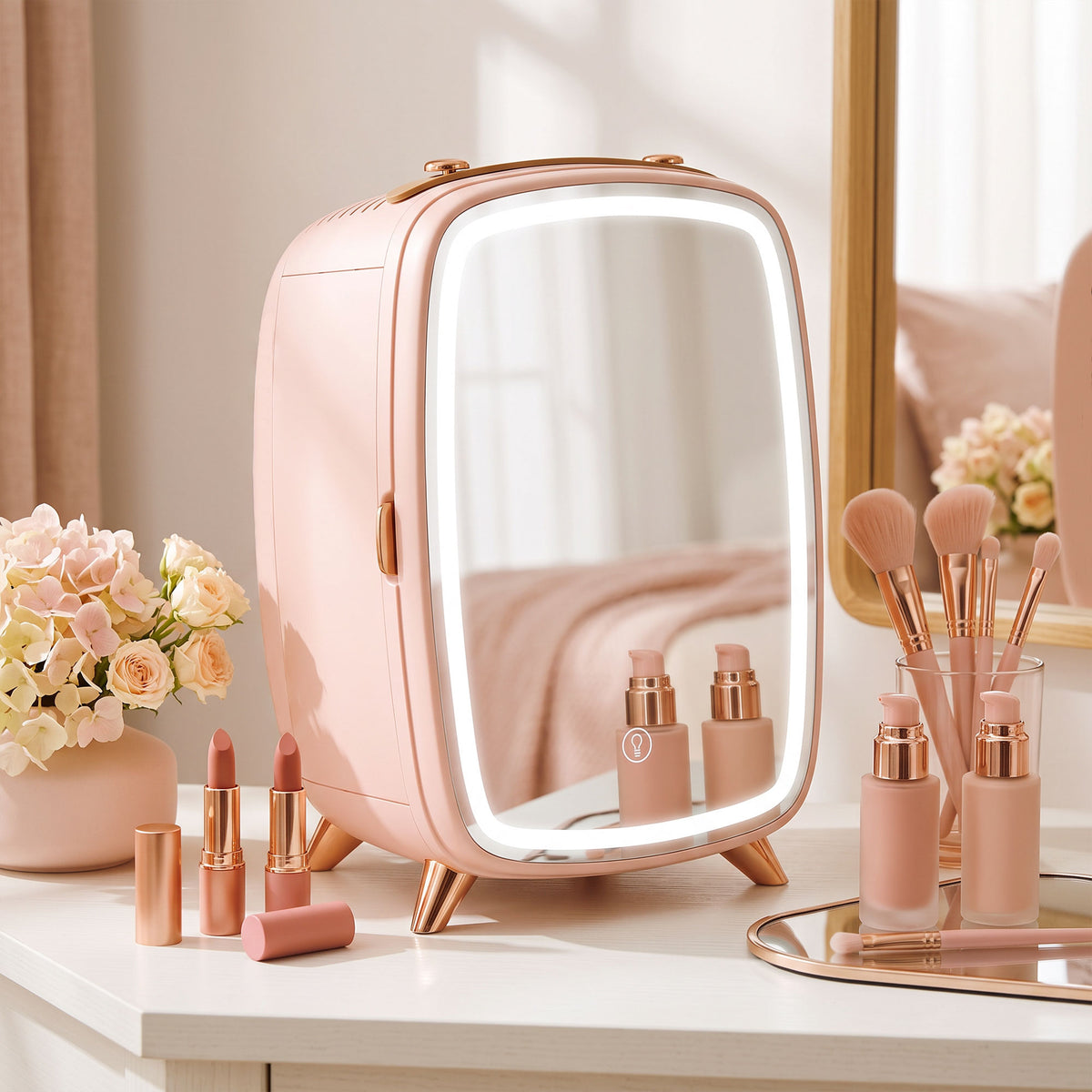 Minikoelkast voor cosmetica, drankjes en snacks, draagbaar, met verlichte spiegel, stille werking, 6L, roze (2)