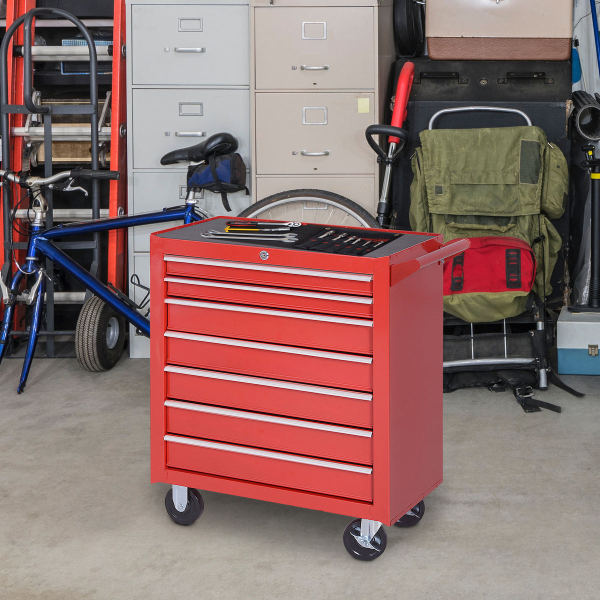 Gereedschapswagen, 2 kleine & 5 grote lades, staal, tot 150 kg, 69 x 33 x 75 cm, rood (2)
