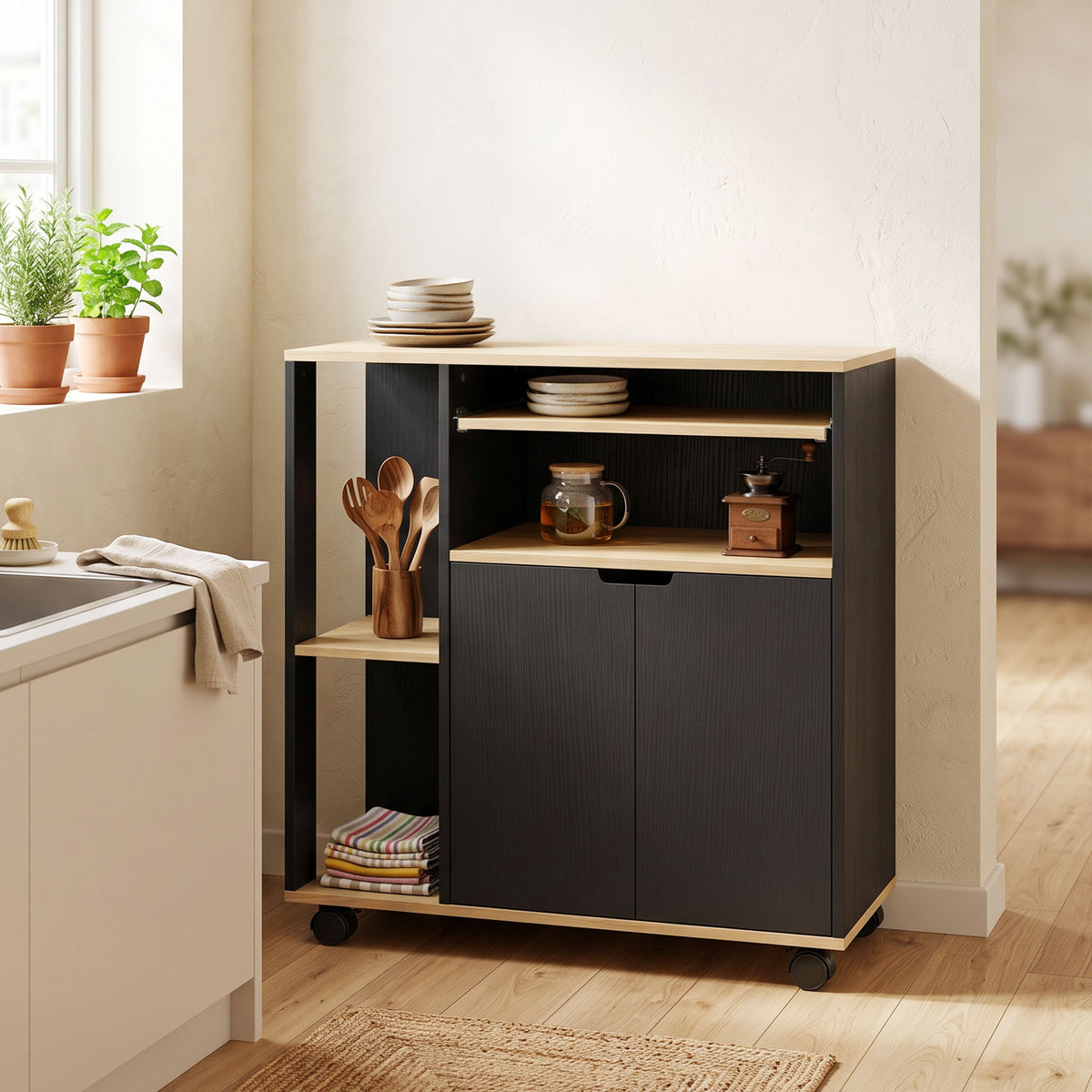 Verrijdbare keukenwagen met opbergruimte, kast, verstelbare planken, voor keuken, woonkamer, eetkamer, zwart (2)