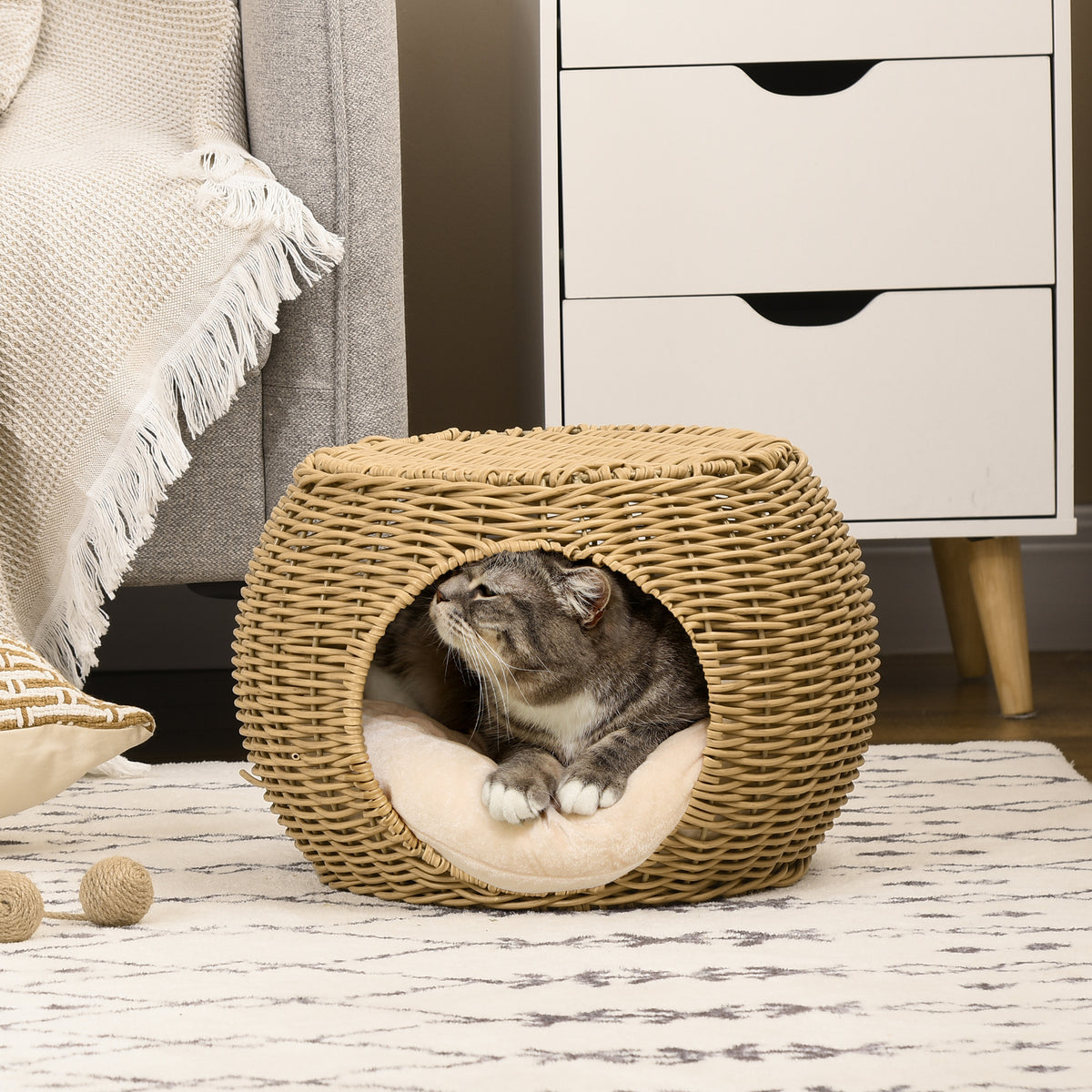 Rieten kattenmand met twee verdiepingen, kattenbed met kussen en voordeur, voor katten onder 3,5 kg, Ø40 x 30 cm (2)