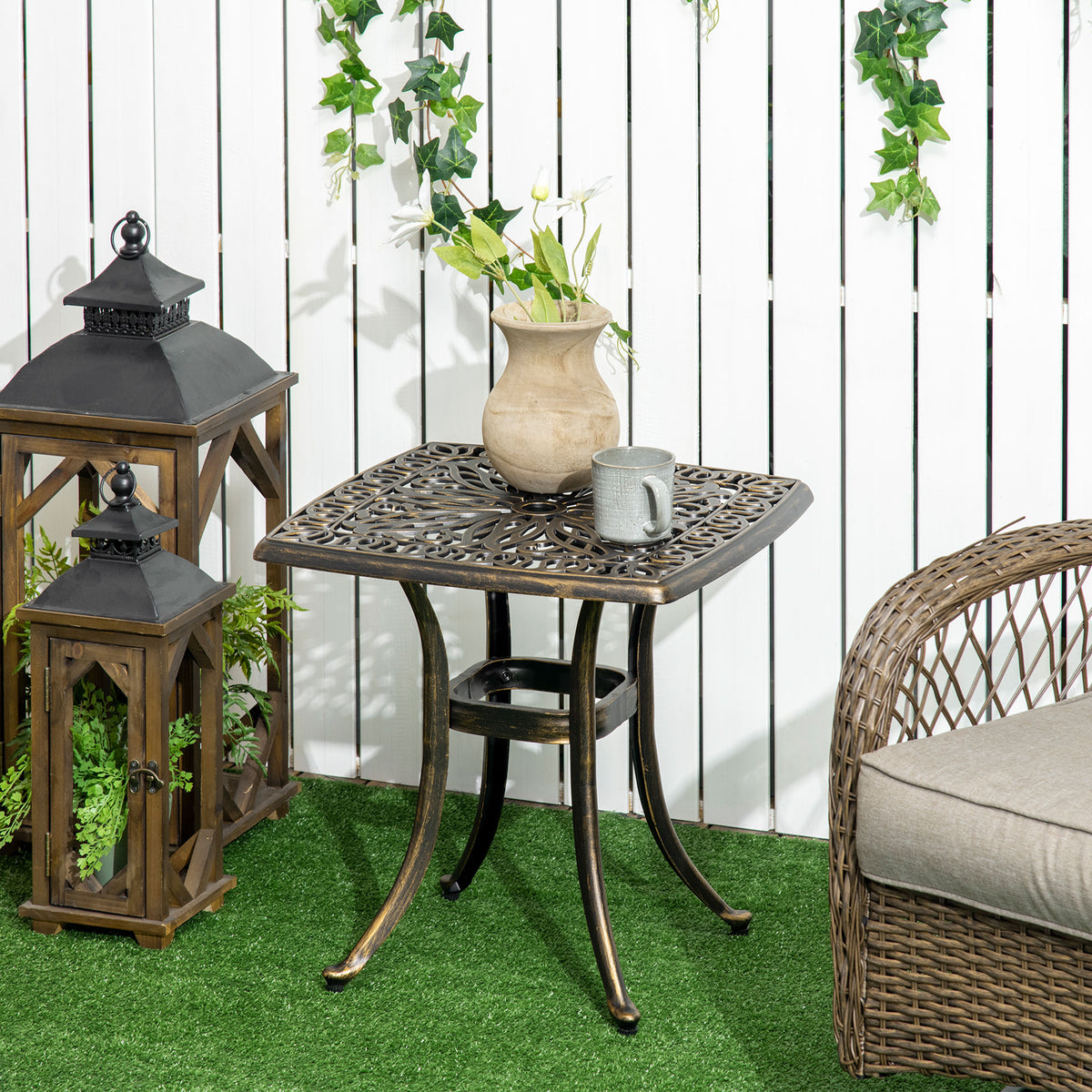 Tuintafel, decoratief vintage design, met parasolgat, gegoten aluminium, kleur: brons, 54 x 54 x 52,5 cm (2)