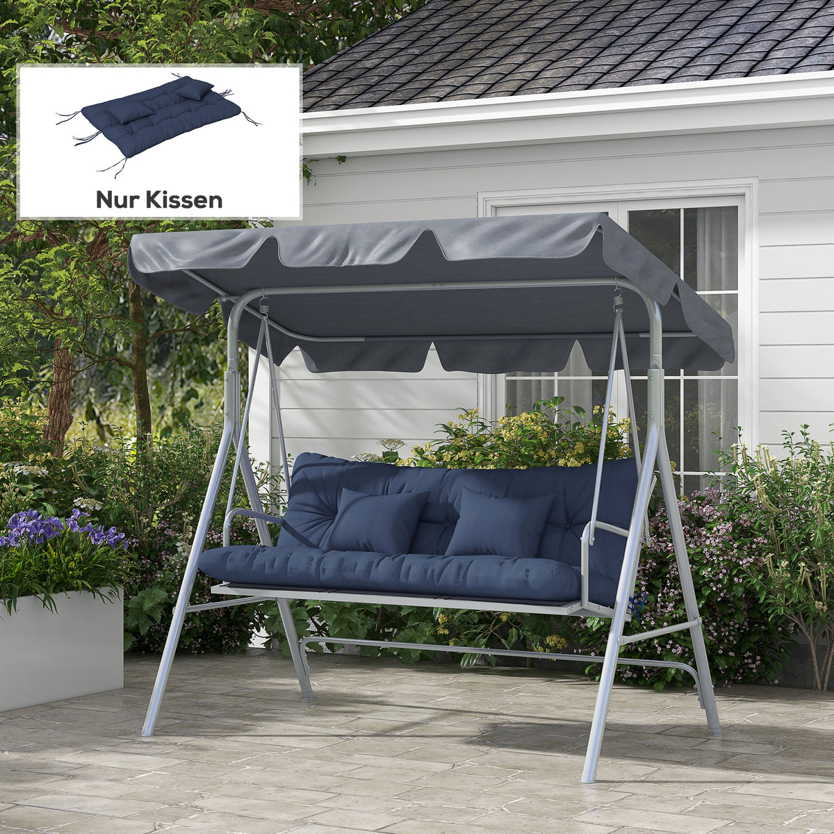 4-delige set zitkussens, 150x50 cm waterafstotende stoelkussens met strikbanden, 10 cm dik marineblauw (2)
