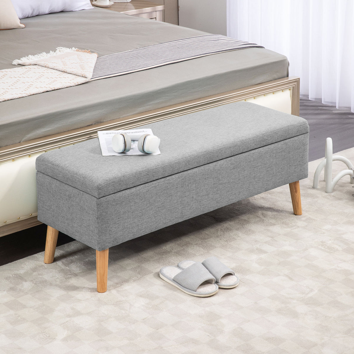 Gestoffeerd bankje met opbergruimte, bekleding in linnenlook, poten van rubberhout, tot 220 kg, 110x39x45cm (2)