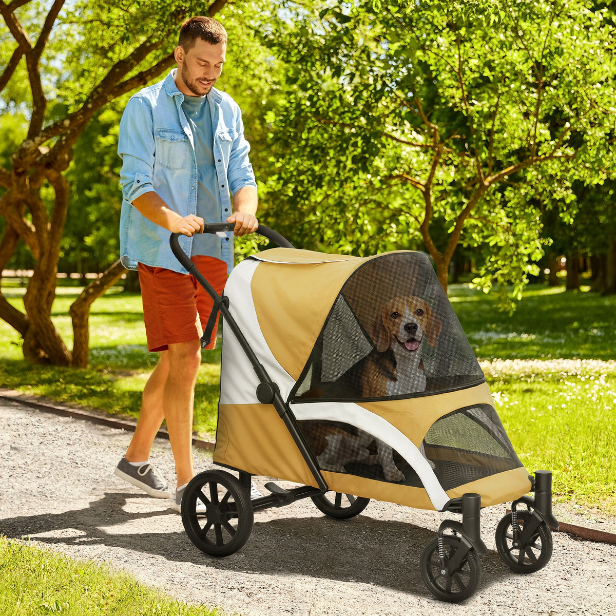 Hondenwagen, opvouwbare hondenbuggy voor middelgrote honden, huisdierwagen met 4 wielen, veiligheidslijnen (2)