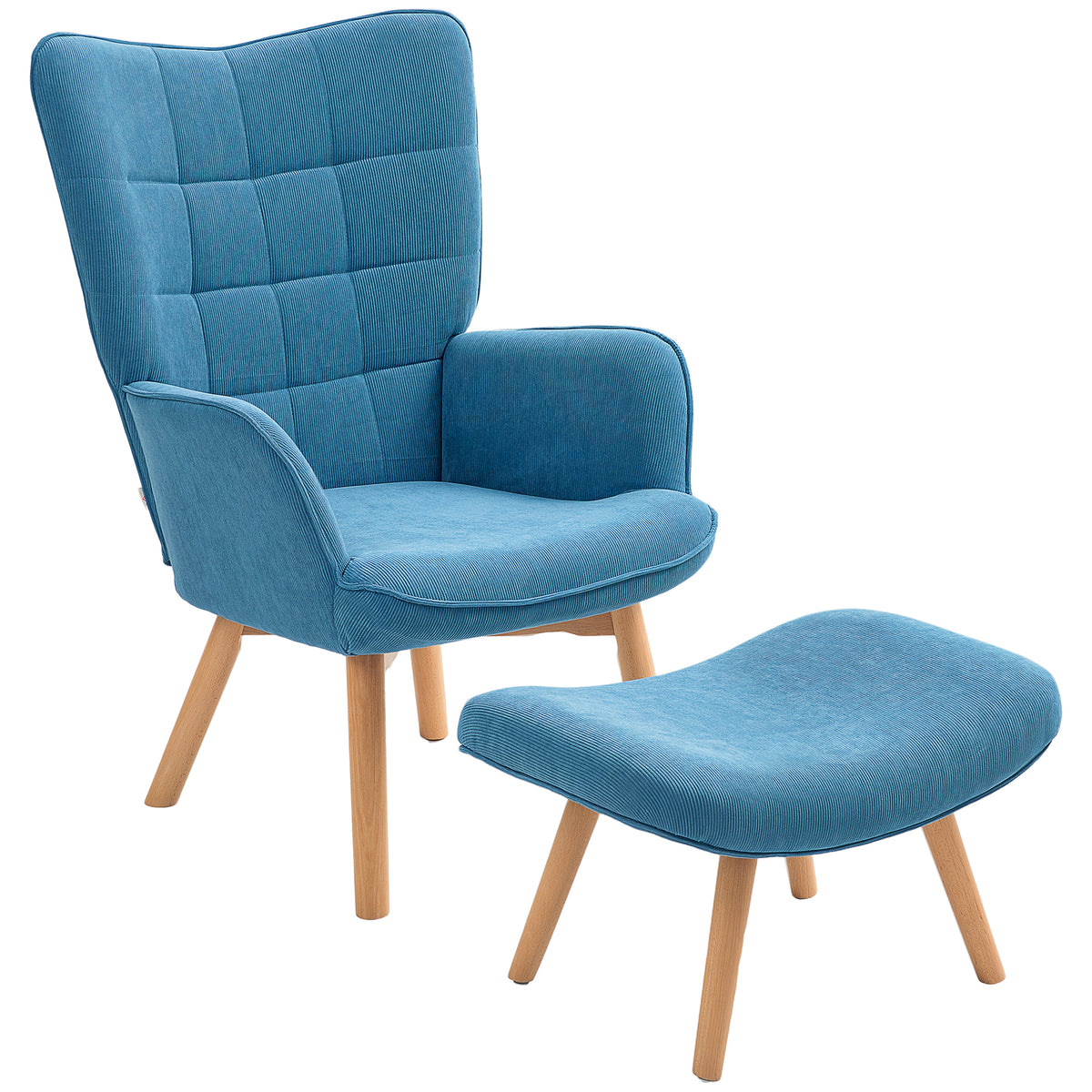 Accentfauteuil met hocker, relaxfauteuil in ribstof-look, armleuningstoel met houten poten, voor woonkamer