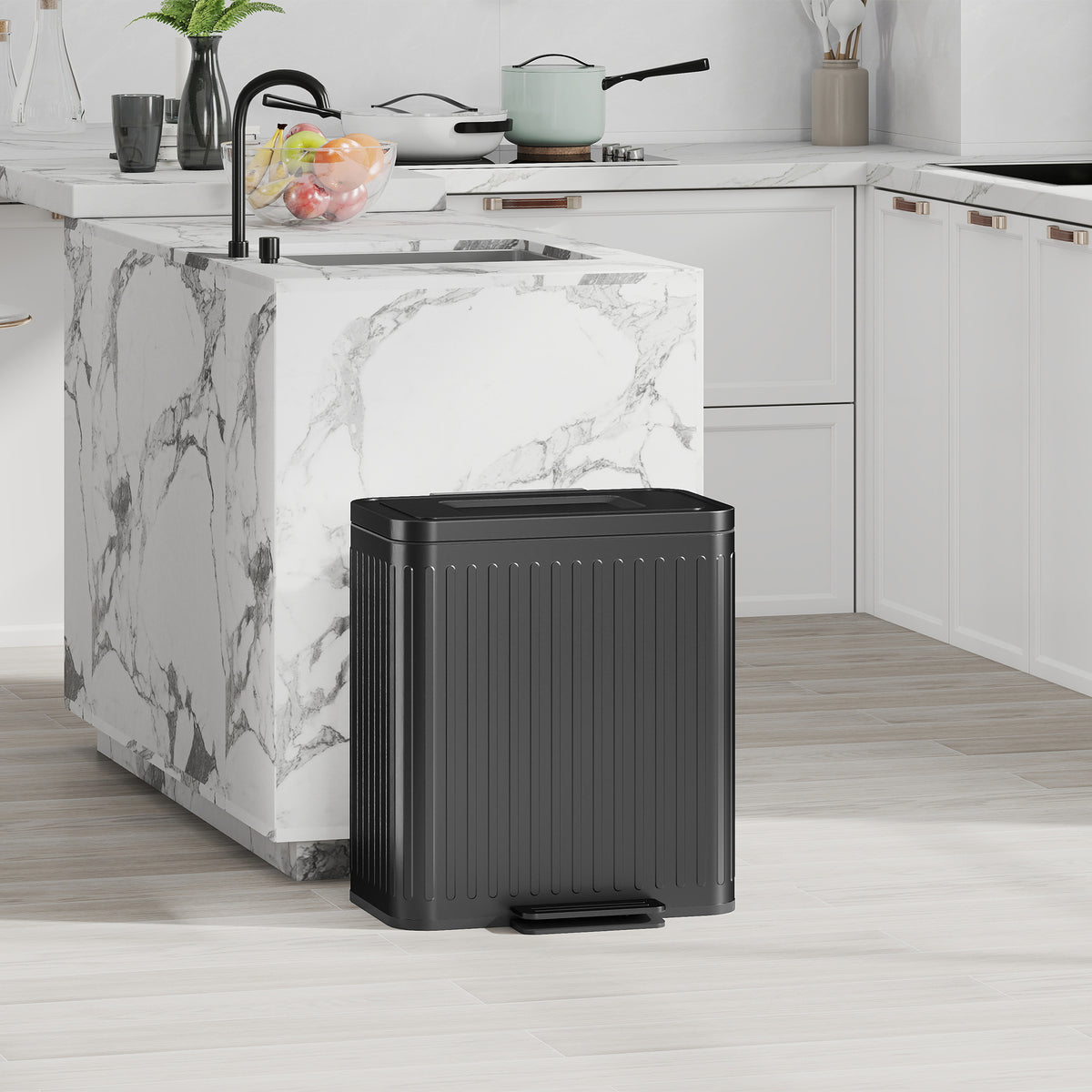 Keukenafvalemmer, 2 x 20 l-vakken, efficiënte afvalscheiding, voetpedaal, kunststof, metaal, zwart (2)