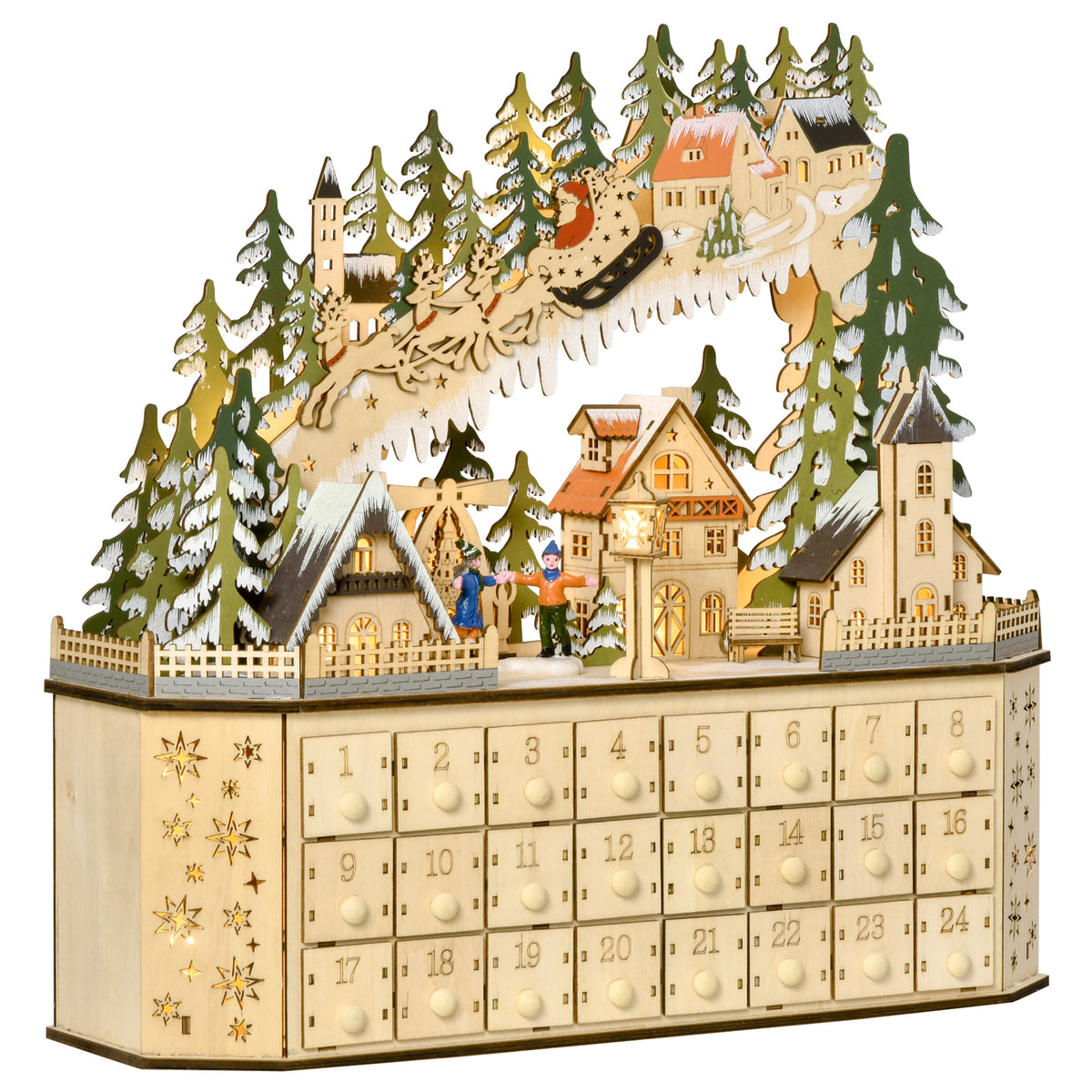 Adventskalender kerstdecoratie, 24 lades, ledverlichting, 39 cm x 9 cm x 42 cm, wit + groen