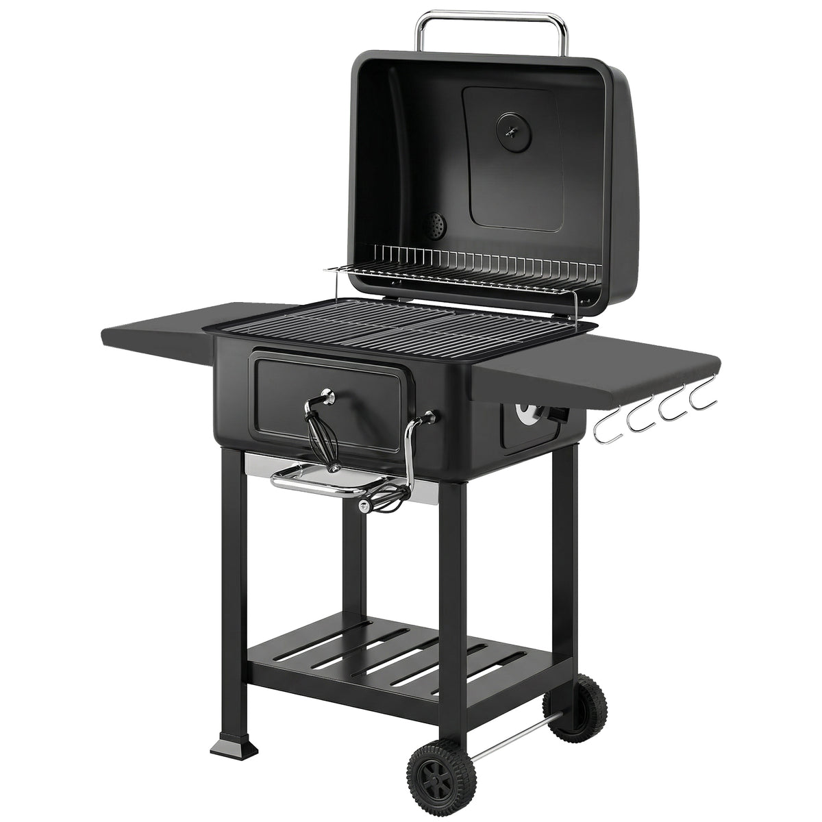 Houtskoolbarbecue BBQ-smoker met dekselthermometer, in hoogte verstelbare kolenpan, schoorsteen, grillrooster