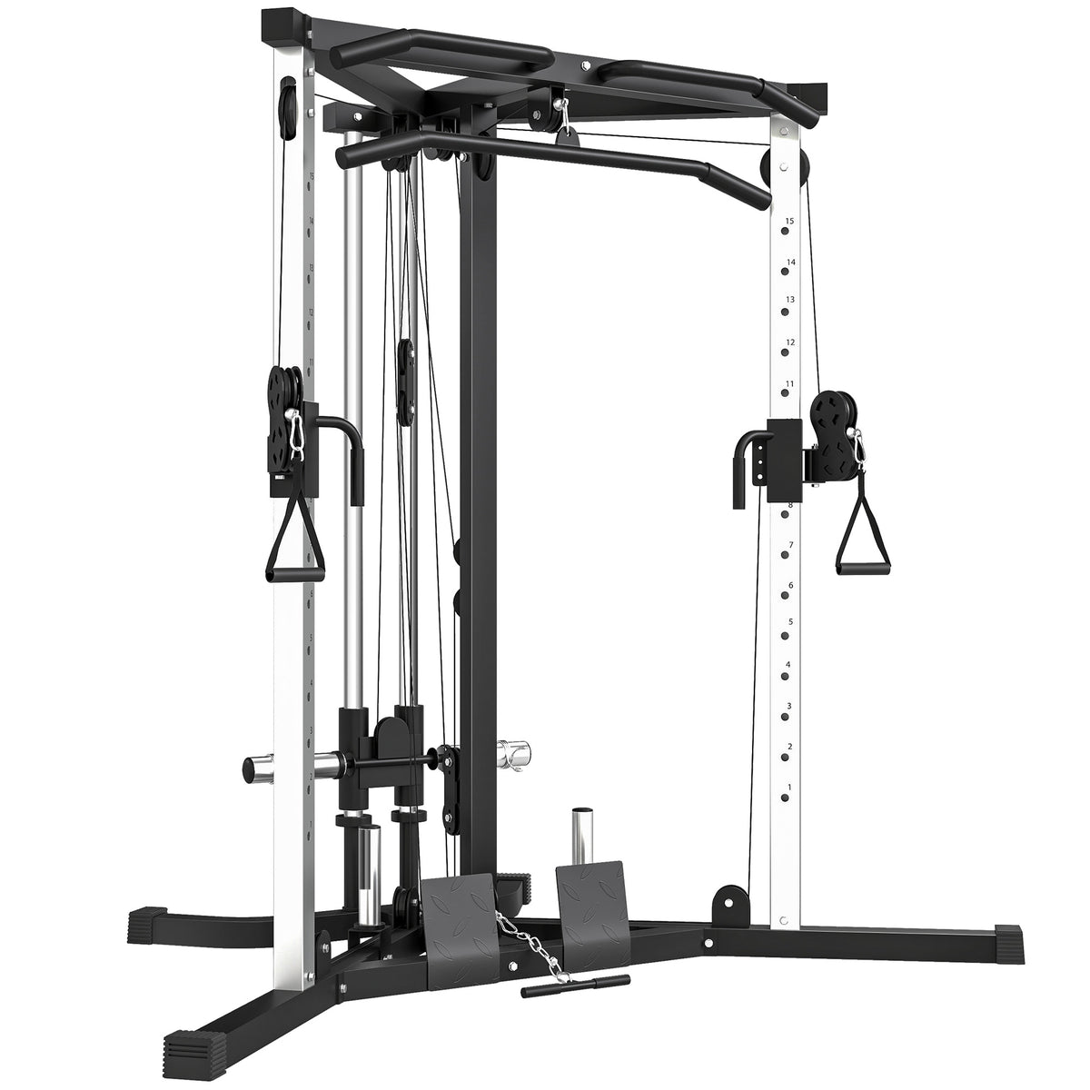 Krachtstation fitnessstation met lat pulley, optrekstang, curl-/roeistang en handgrepen, 15-voudig verstelbaar