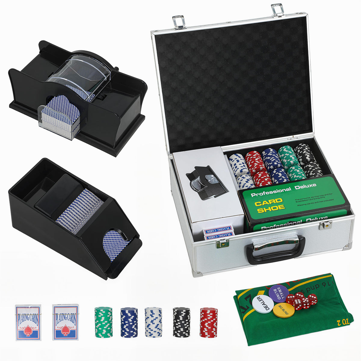 Pokerset, 300 fiches, dobbelstenen, 2 kaartspellen, accessoires, koffer, voor 8 spelers