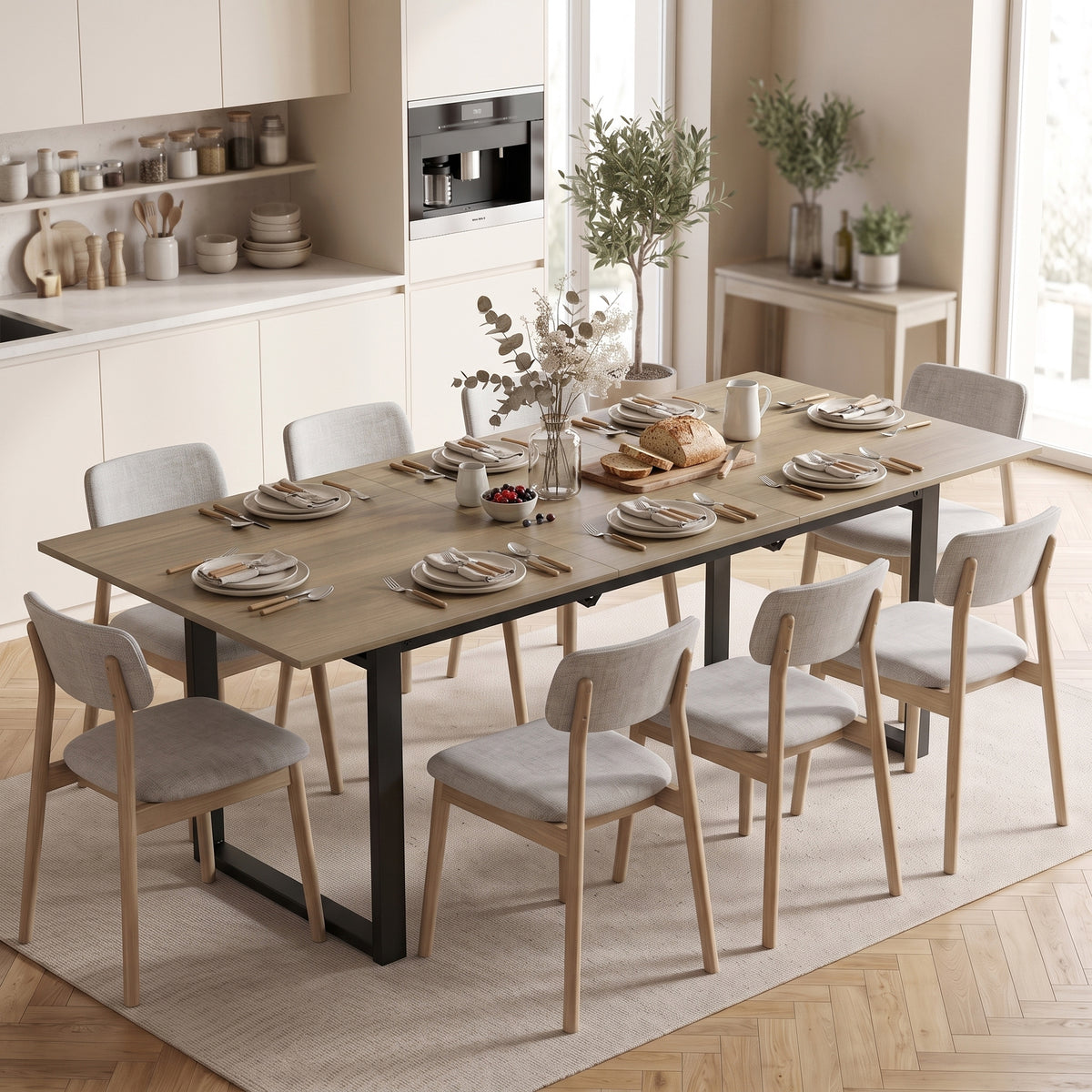 Uitschuifbare eettafel 140-180 cm voor 6-8 personen, rechthoekig in industrieel design met stalen onderstel (2)