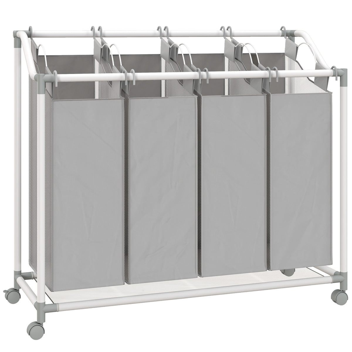 Wasmand met 4 vakken 160 L wasverzamelbak met wielen, uitneembare waszak, 97 x 38 x 81 cm, grijs