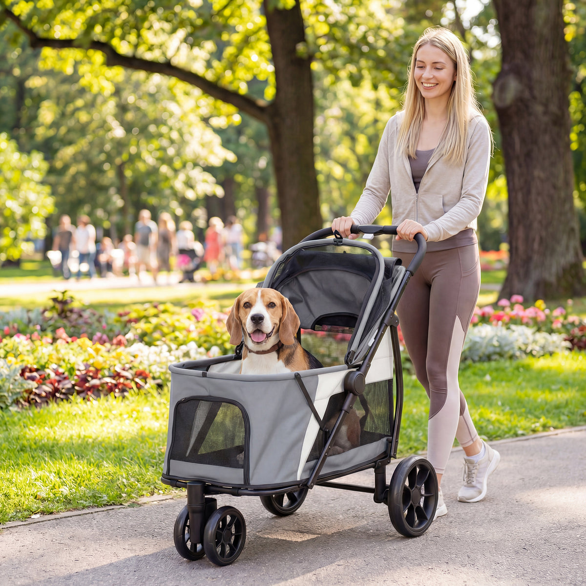 Opvouwbare hondenbuggy met wasbaar kussen, gaasramen, 3 wielen, voor middelgrote honden tot 20 kg, grijs (2)