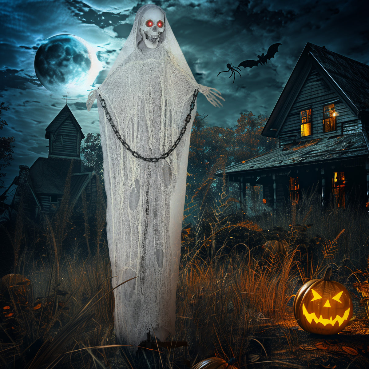 Halloween-decoratie Magere Hein outdoor 183 cm, geanimeerde pratende Magere Hein met oplichtende ogen en (2)