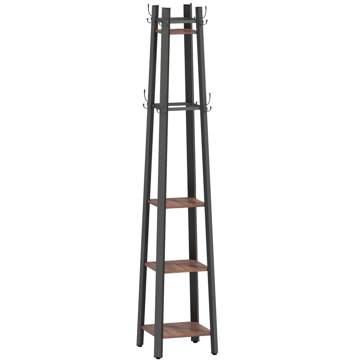 Kapstok met 4 niveaus, vrijstaande kledingstandaard, 8 haken, 4 planken, industriële stijl, metaal, spaanplaat