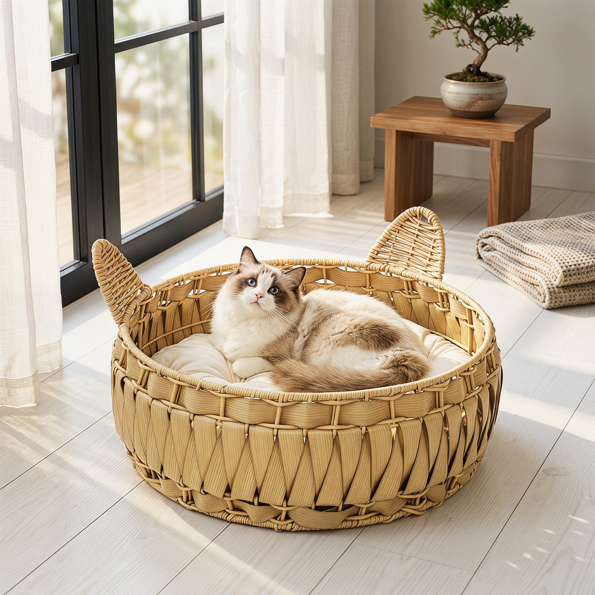 Kattenmand rotan kattenhol met uitneembaar kussen, kattenmand voor katten tot 10 kg, 50 x 50 x 25 cm, lichtbruin (2)