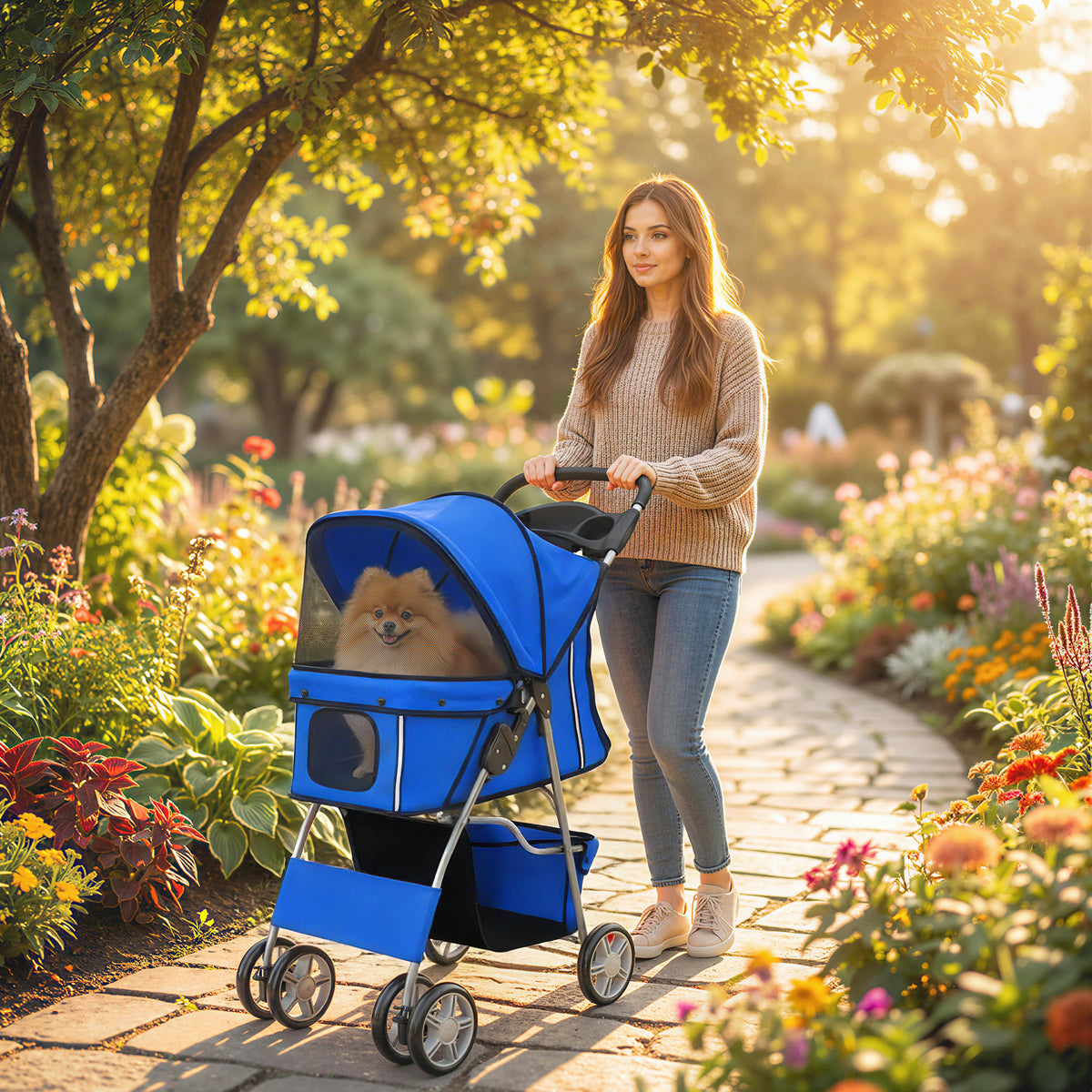 Hondenwagen hondenbuggy inklapbaar kattenwagen tot 10 kg met regenhoes reflecterende strepen opbergmand (2)