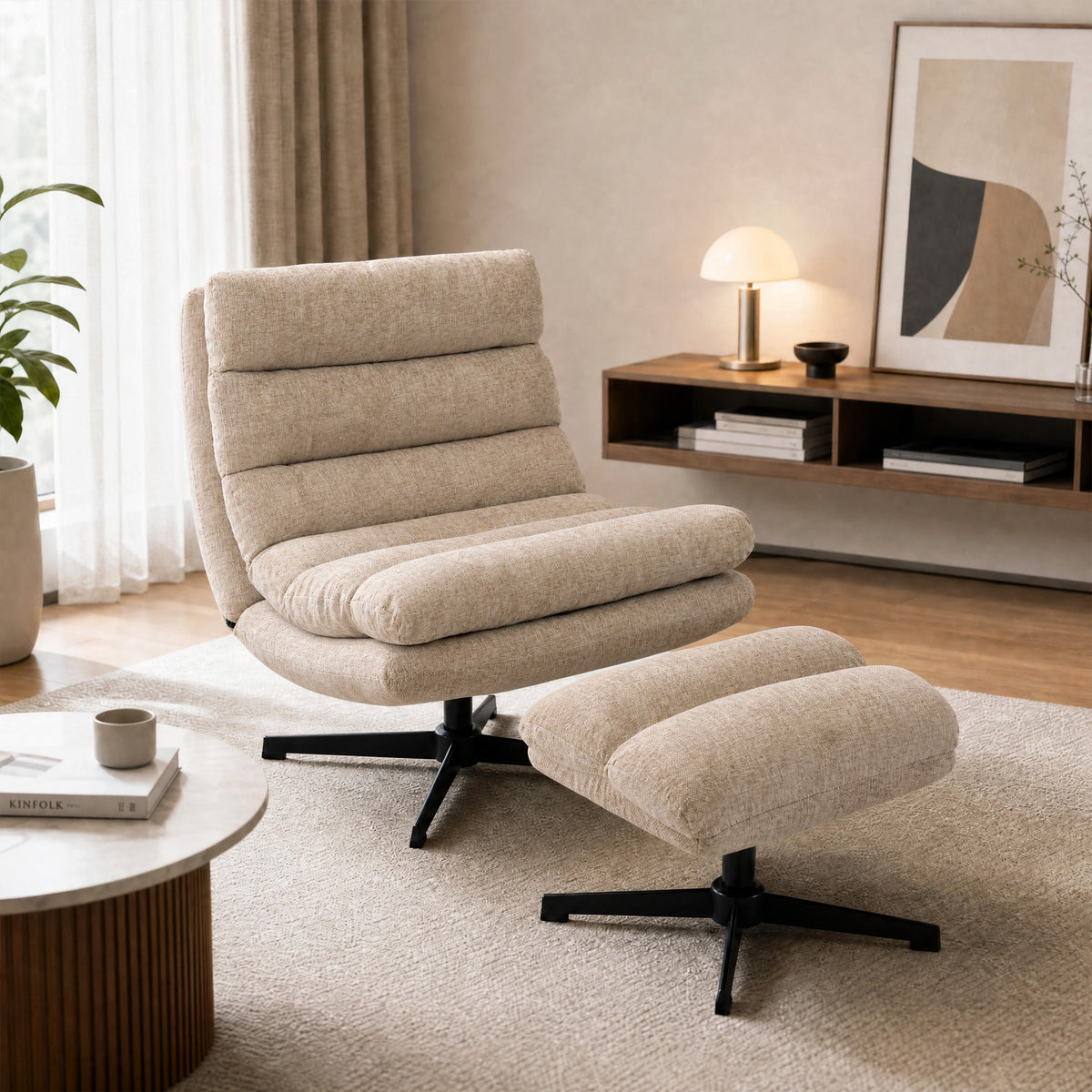 Loungefauteuil met voetenbank, draaibare chenille fauteuil met in hoogte verstelbare voetenbank, dikke bekleding (2)