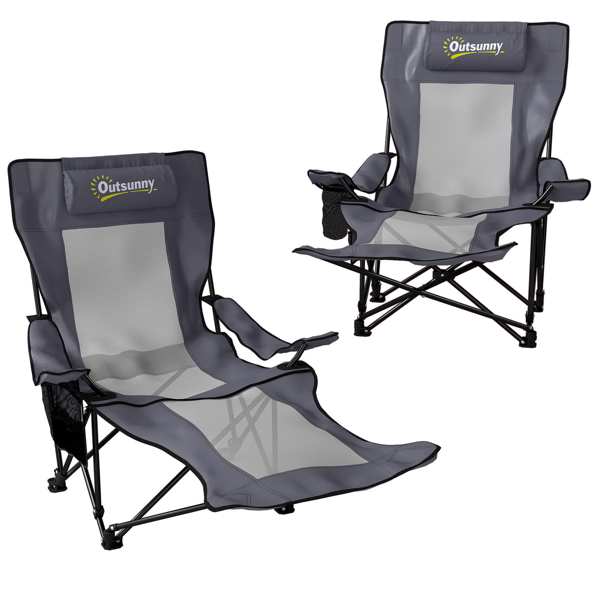 Set van 2 inklapbare campingstoelen visstoel met verstelbare rugleuning, voetensteun, bekerhouder en hoofdsteun