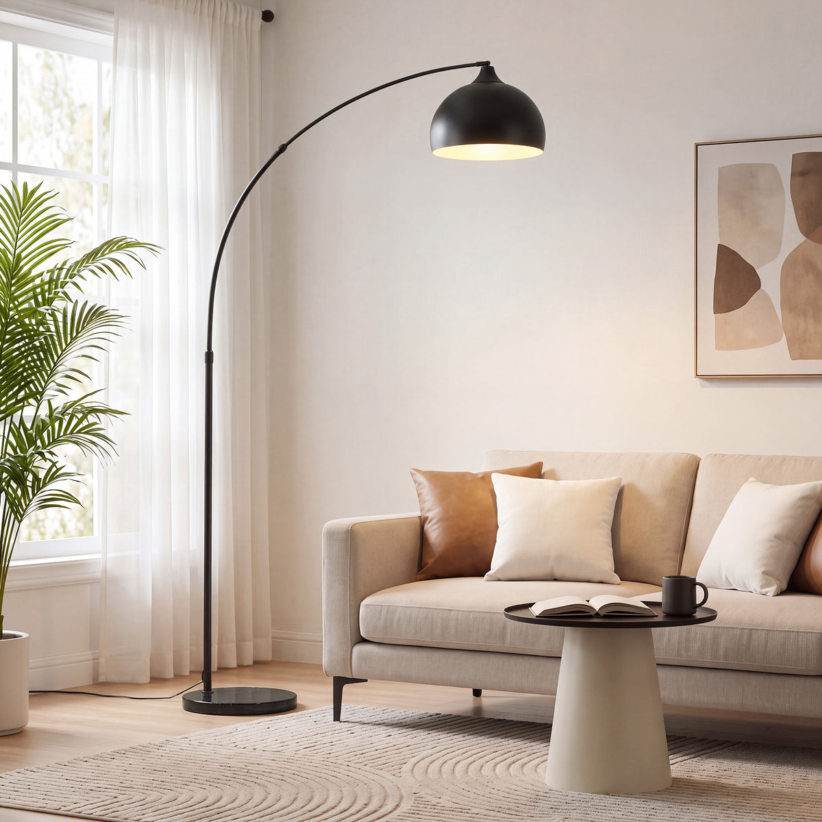 Booglamp, vloerlamp, in hoogte verstelbaar, voetschakelaar, voet in marmerlook, 170-180 cm, zwart (2)