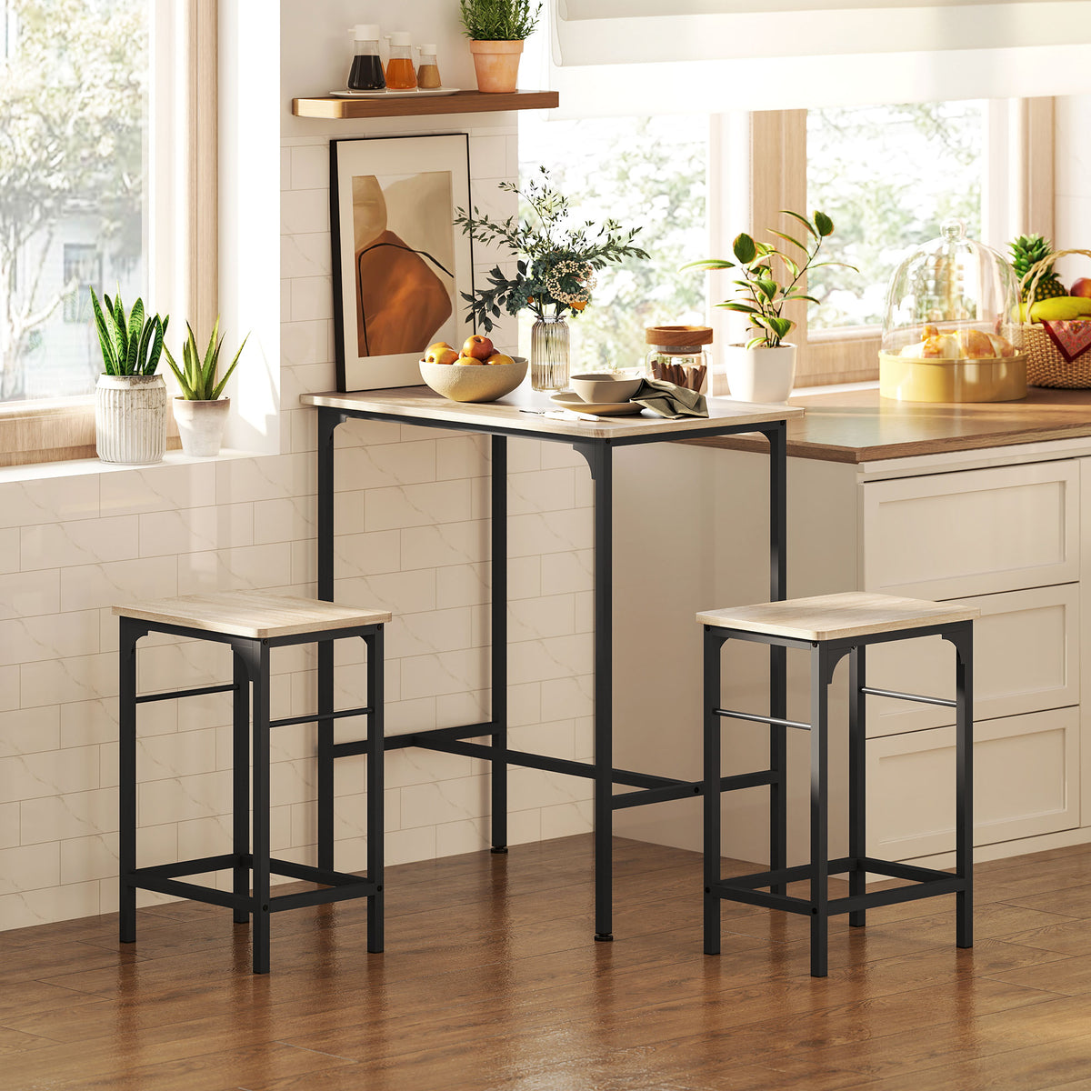 Bartafelset bartafel met barkrukken set eettafel met 2 stoelen met antislipvoetjes natuurlijk hout (2)