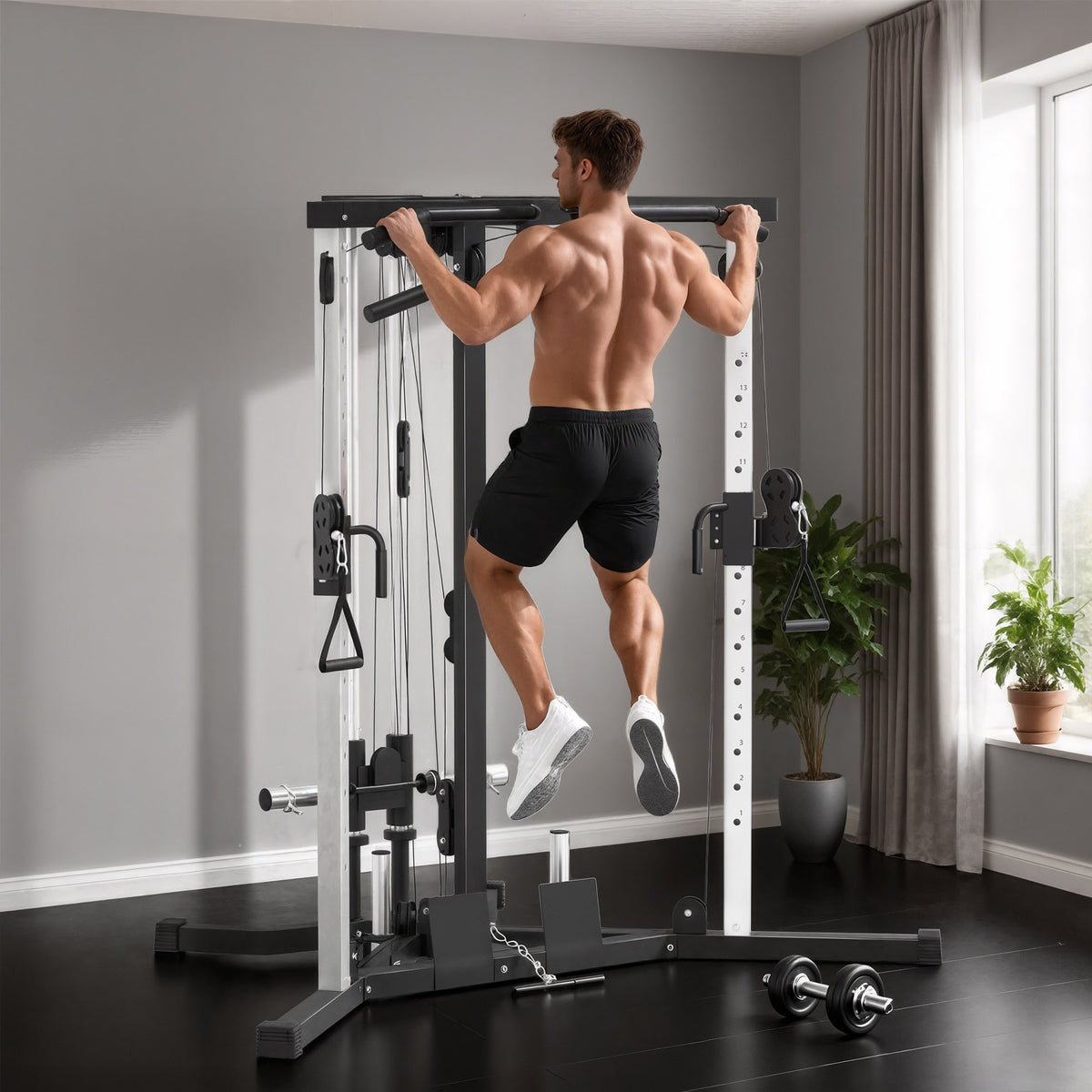 Krachtstation fitnessstation met lat pulley, optrekstang, curl-/roeistang en handgrepen, 15-voudig verstelbaar (2)