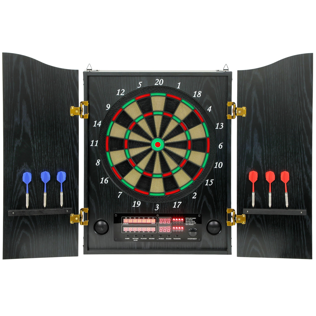 Elektronisch dartbord E-dartbord met deurtjes houtlook led-display gesproken aanwijzingen 6 dartpijlen, 24
