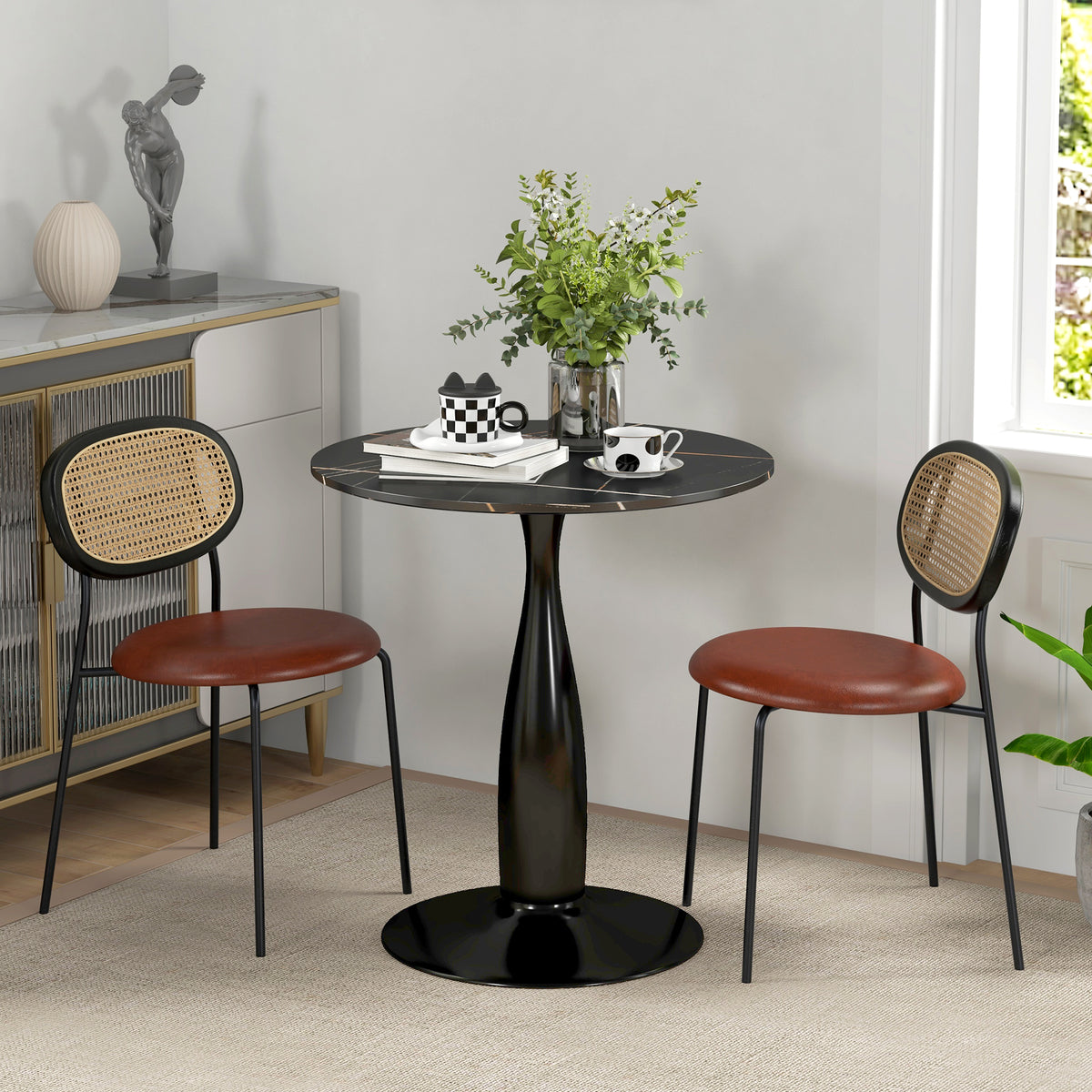 Ronde eettafel, gepoedercoat staal, MDF met melamine, antislipvoetjes, 70 x 74 cm, zwart (2)