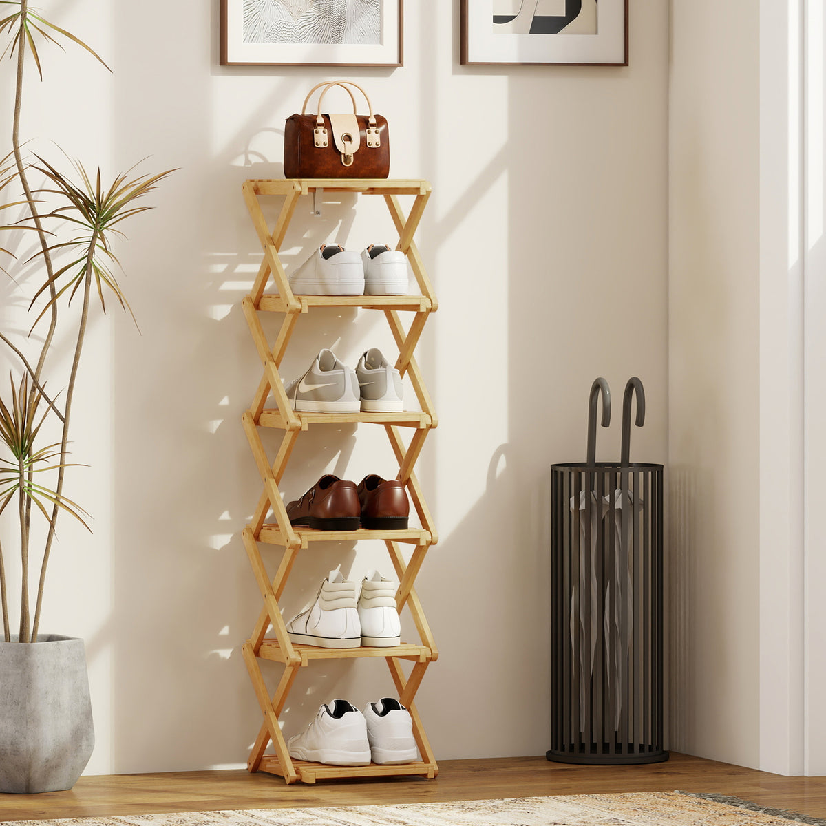 Schoenenrek, inklapbaar schoenenrek met 6 niveaus van bamboe, voor max. 9 paar schoenen, 30 x 29 x 108 cm (2)