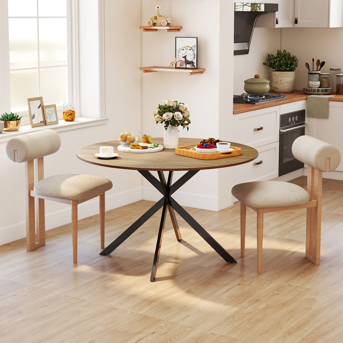Ronde eettafel voor 4 personen, industriële keukentafel met stalen poten, voor eetkamer, keuken, eiken (2)