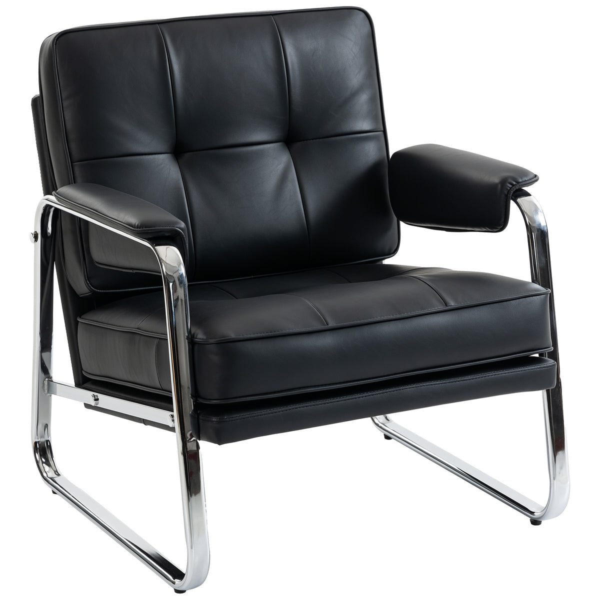 Fauteuil, loungestoel met brede zitting, armleuningen, stalen poten, van kunstleer voor woonkamer, slaapkamer