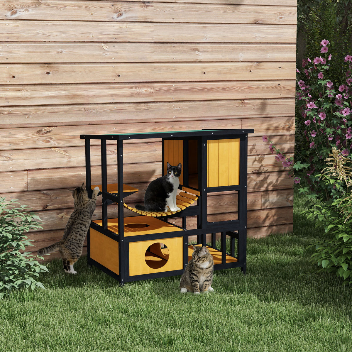 Kattenhuis kattenhut kattenhol, weerbestendig, 1 helling, 1 platform, 84,5 x 60 x 88 cm, groen + naturel (2)