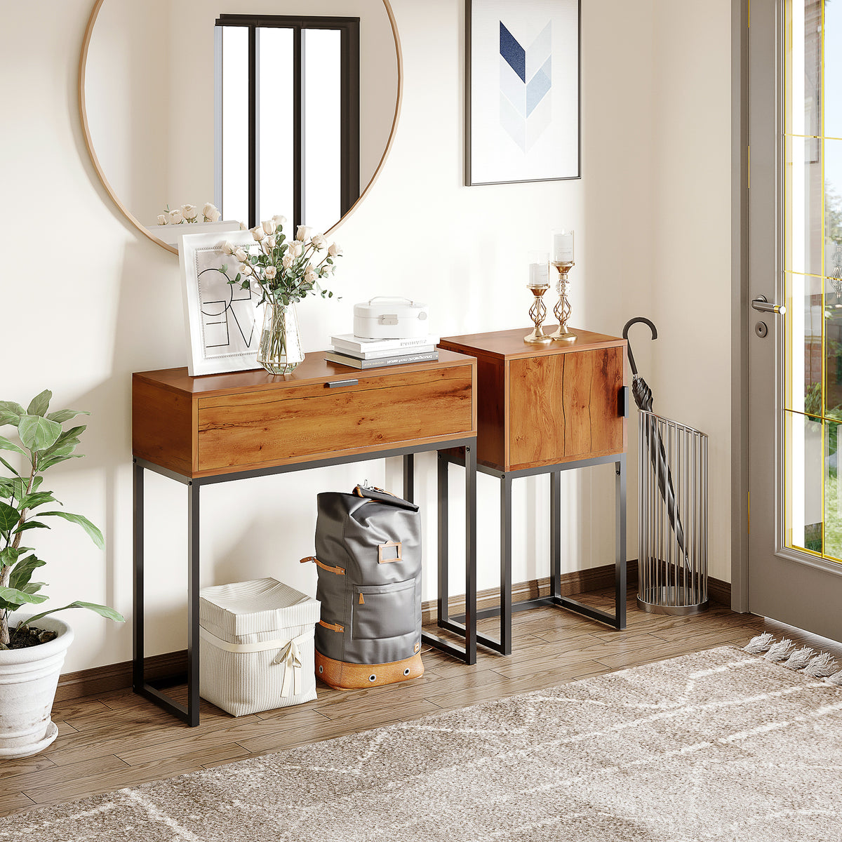Sidetable in industrieel design, bijzettafel, dressoir, 1 kastje, naturel hout + zwart (2)