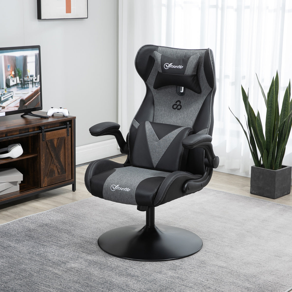 Gaming-stoel, in hoogte verstelbaar & draaibaar, kunstlederen bekleding, opklapbare armleuningen, zwart+grijs (2)