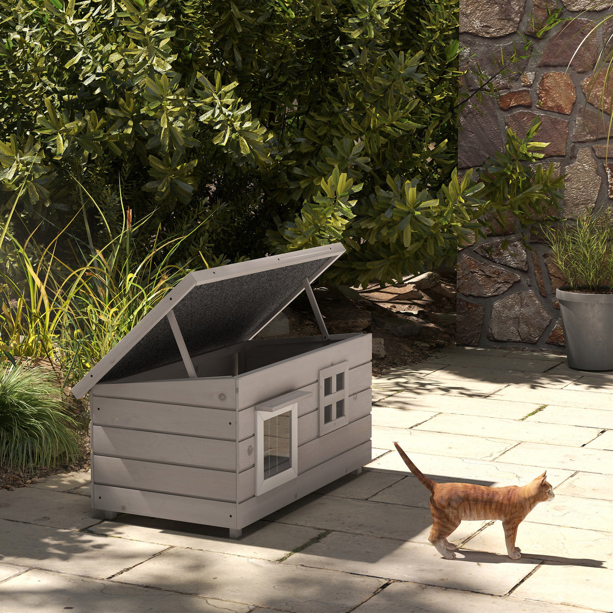 Waterdicht houten kattenhuis kattenhut met asfalt dak, inklapbaar deksel en raam, winterbestendig, schuilplaats (2)