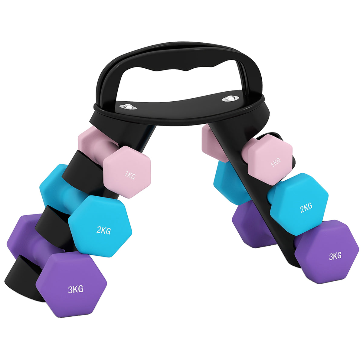 Halterset met opbergrek, set van 6 halters voor fitnesstraining, 2 x 1kg, 2 x 2kg, 2 x 3kg