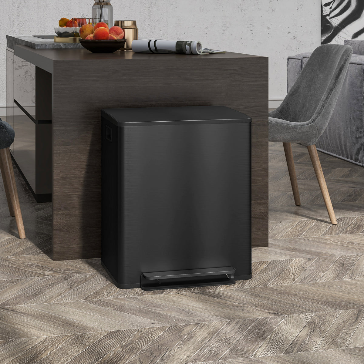 Afvalbak met 2x25L vakken, soft-close deksel, vingerafdrukvrij, roestvrij staal, zwart (2)