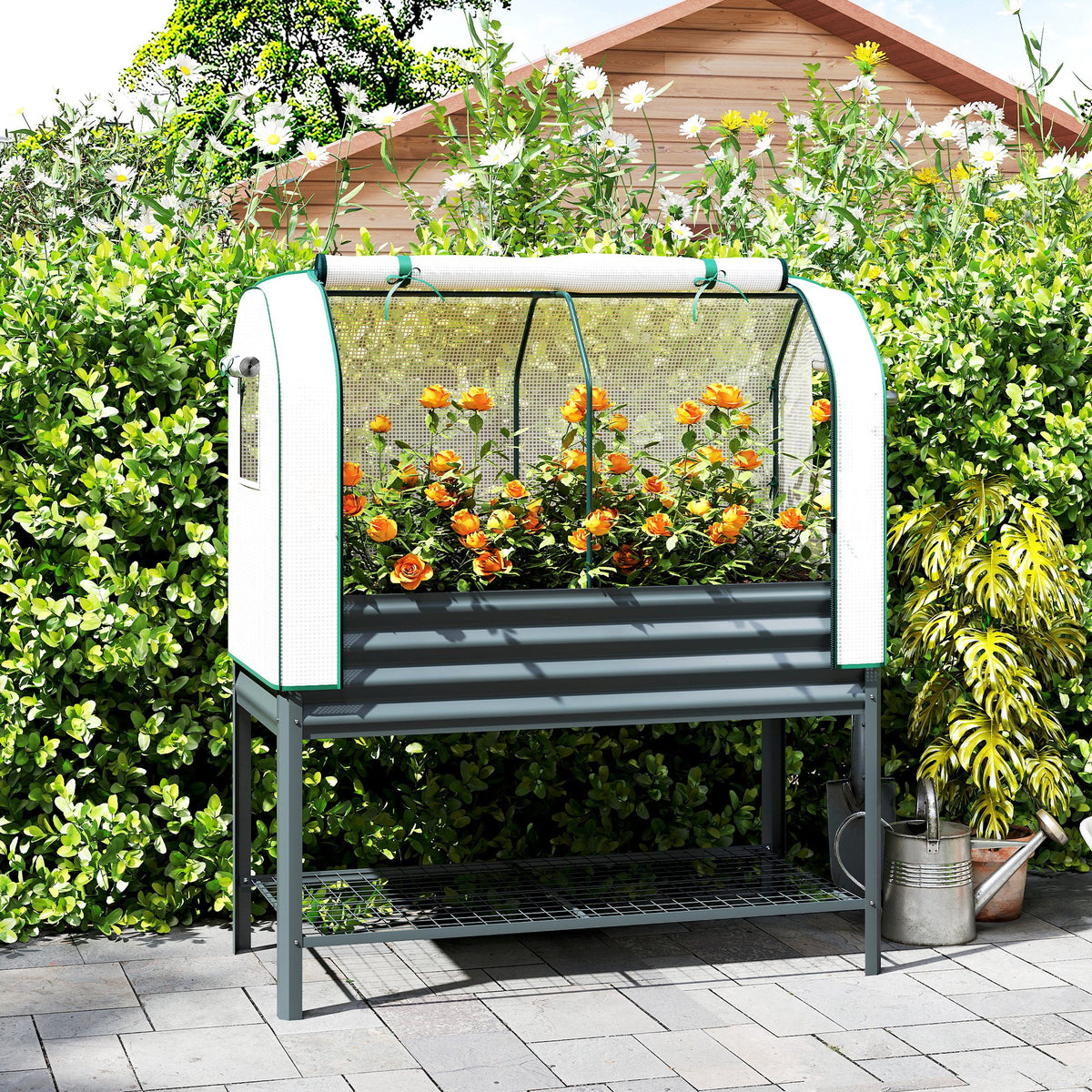 Verhoogd plantenbed met kweekkasopzetstuk van metaal, plantenbak met broeikas en opbergvak, verhoogd 120 x 55 x (2)