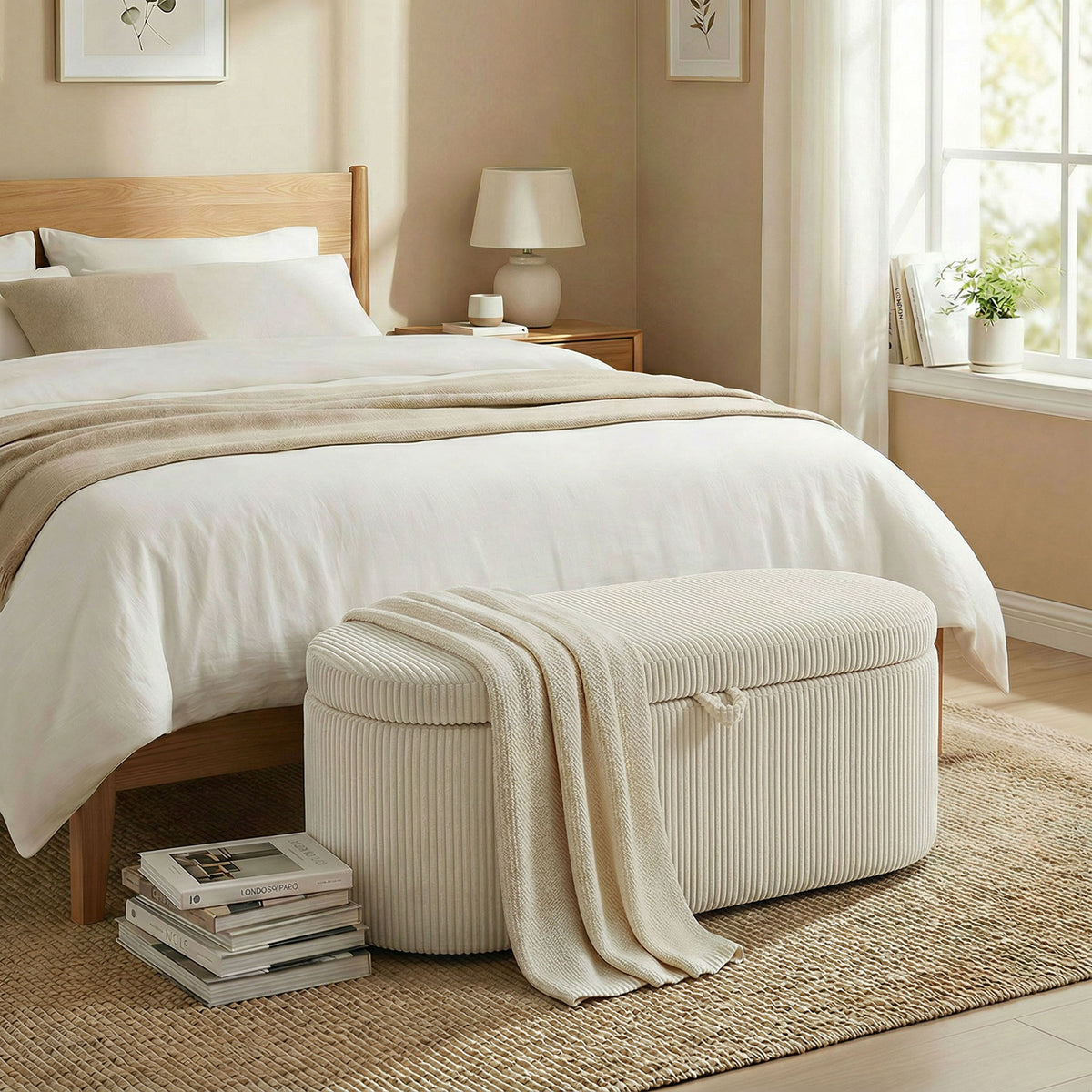 Opberg-ottoman, corduroy bekleding met gestoffeerde zitting, voetenbank voor aan het bed, 105 x 51 x 49 cm (2)